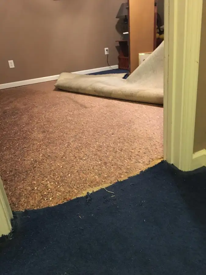 Carpet pad removal revealing water damage during Drying & Dehumidification in Bell Gardens